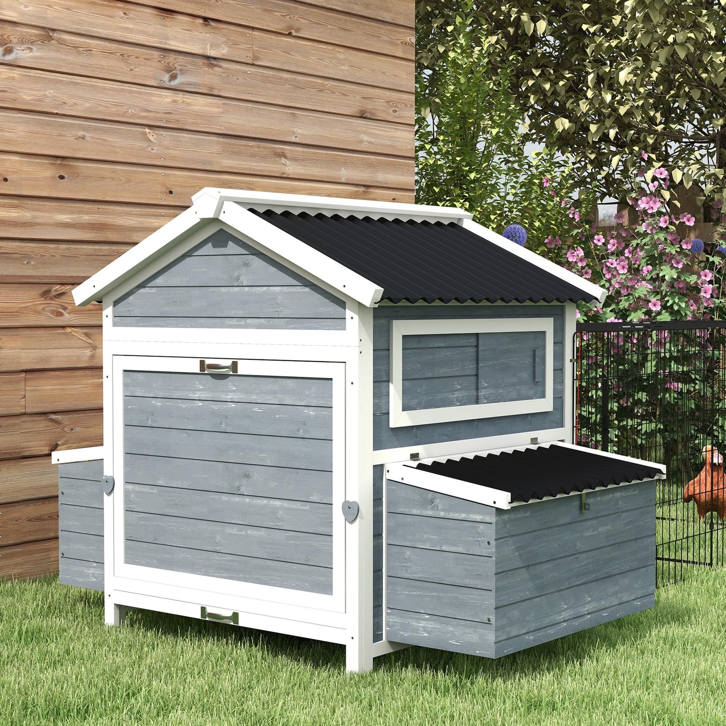 PawHut 11' x 5' x 3.5' Wooden Chicken Coop with Nesting Box, Outdoor Poultry Cage with Run for 4 Chickens with Pull-Out Tray, Perches for Duck, Dark Gray - WoodArtSupply