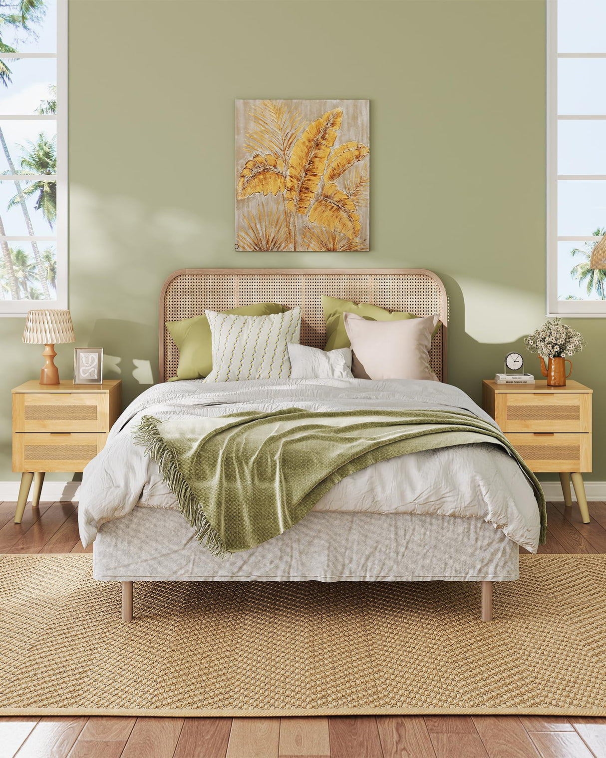 WLIVE Wood Nightstand Set of 2, Night Stand Sets with 2 Rattan Decor Drawers, End Tables with Solid Legs, Bed Side Table for Bedroom, Living Room, Natural Oak WLIVE