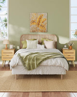 WLIVE Wood Nightstand Set of 2, Night Stand Sets with 2 Rattan Decor Drawers, End Tables with Solid Legs, Bed Side Table for Bedroom, Living Room, Natural Oak WLIVE