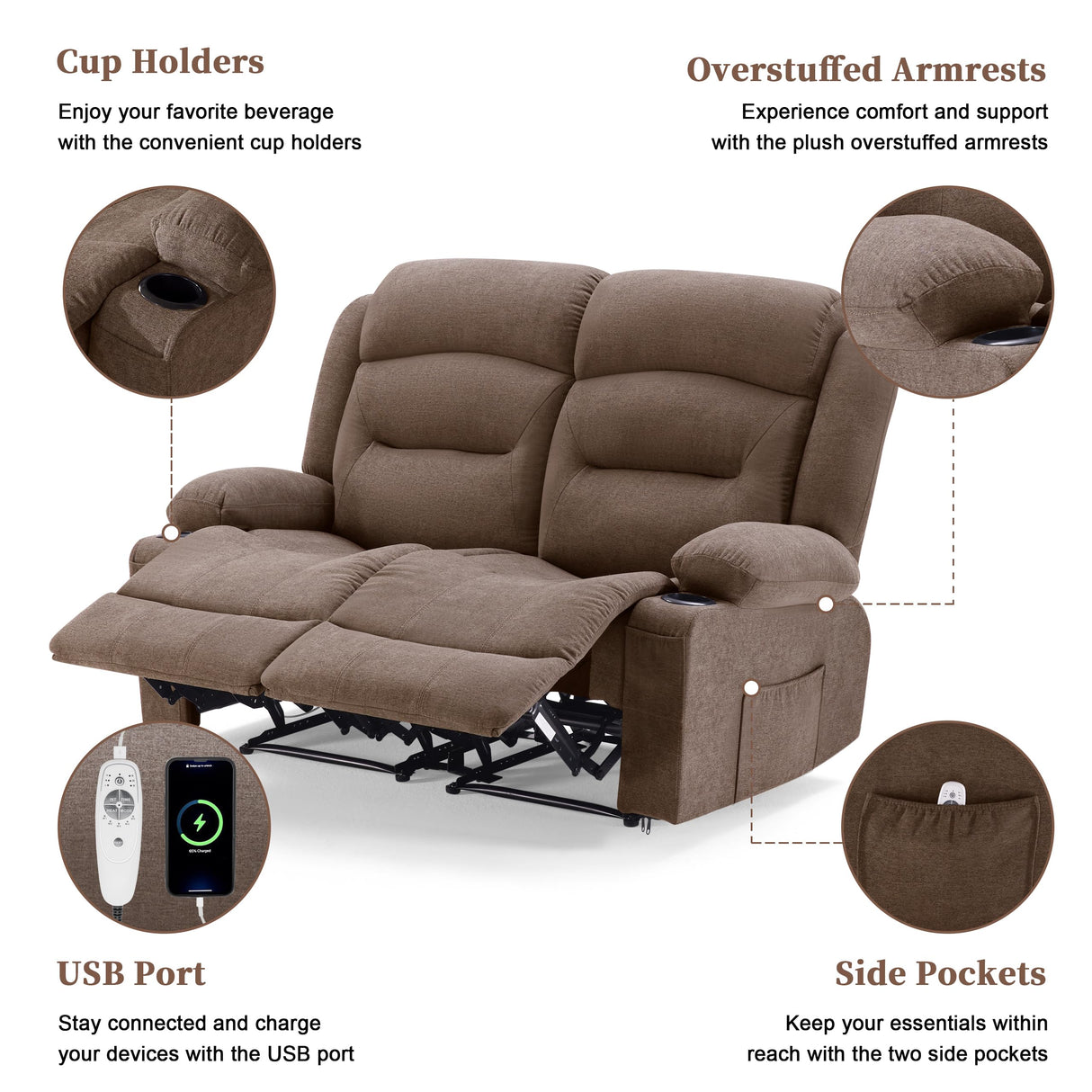 Weture Oversized Recliner Loveseat with Heat and Massage, Wall-Hugger Reclining Sofa with Cup Holders and USB Port, Big Large 2-Seater Double RV Recliner Loveseat for Living Room (Fabric, Brown) Weture