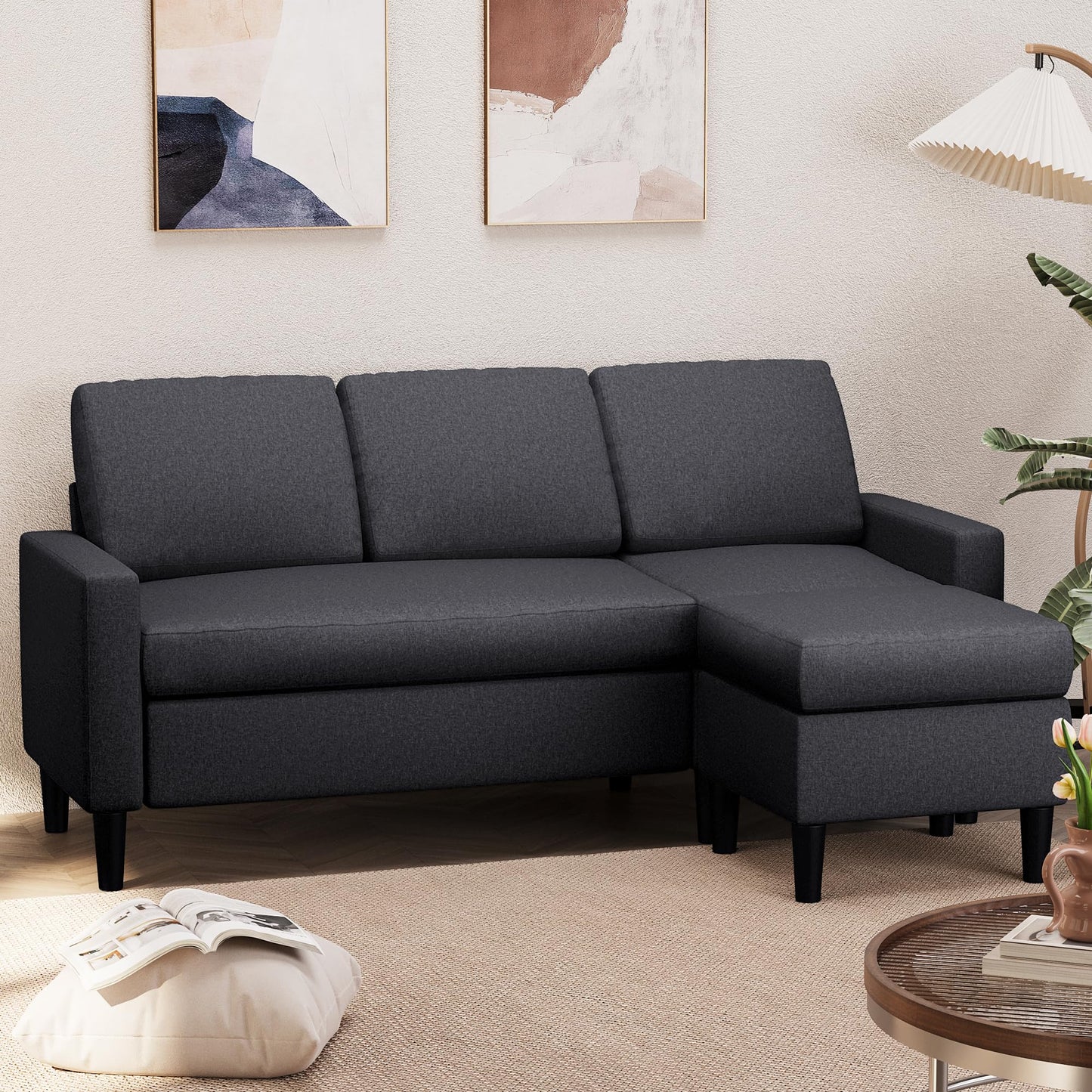 Shintenchi Small Convertible Sectional Sofa Couch with Ottoman, 3 Seat L Shaped Sofa with Fabric, Upholstered Sectional Sofa, Small Couch for Small Apartments, Living Room and Office (Black)