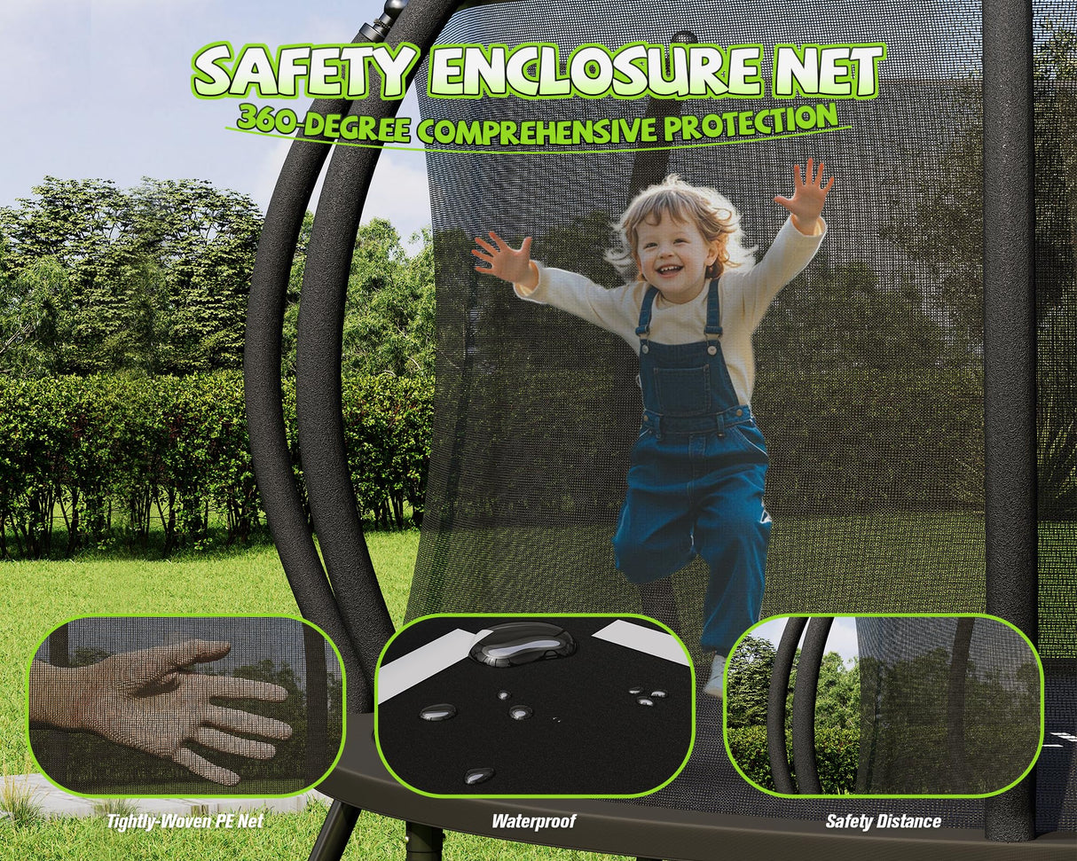 YUMPIE 8FT 10FT 12FT 14FT 16FT Outdoor Trampoline with Enclosure Net and Ladder, Recreational Trampolines for Kids, Pop-up Quick Connect Frame, ASTM Approval YUMPIE