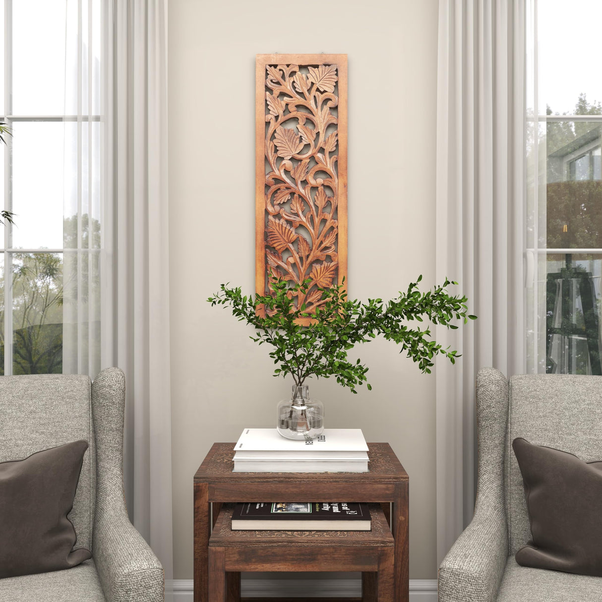 Deco 79 Wooden Floral Handmade Home Wall Decor Intricately Carved Acanthus Wall Sculpture, Wall Art 12" x 1" x 36", Brown Deco 79