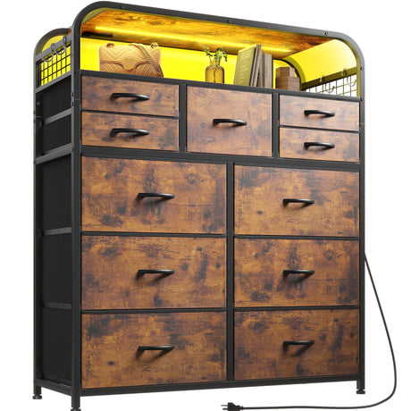 EnHomee Dresser with LED Lights & Charging Station, Dresser for Bedroom with 2 Tier Shelves & 4 Hooks, 11 Drawers Dresser, Closet, Living Room, Entryway,Sturdy Frame,Wooden Top, Rustic Brown EnHomee