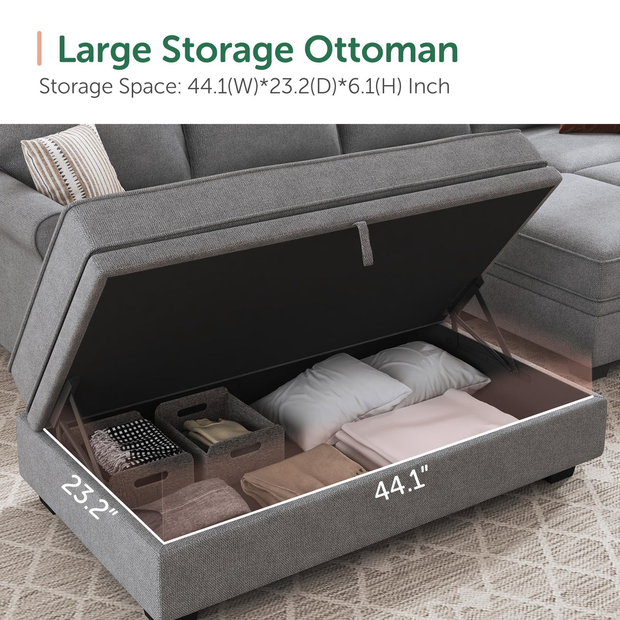 HONBAY Convertible Sectional Sofa Set with Storage Seat U Shaped Sectional Couch with Reversible Chaise Sleeper Sectional Couch Bed for Living Room, Light Grey HONBAY