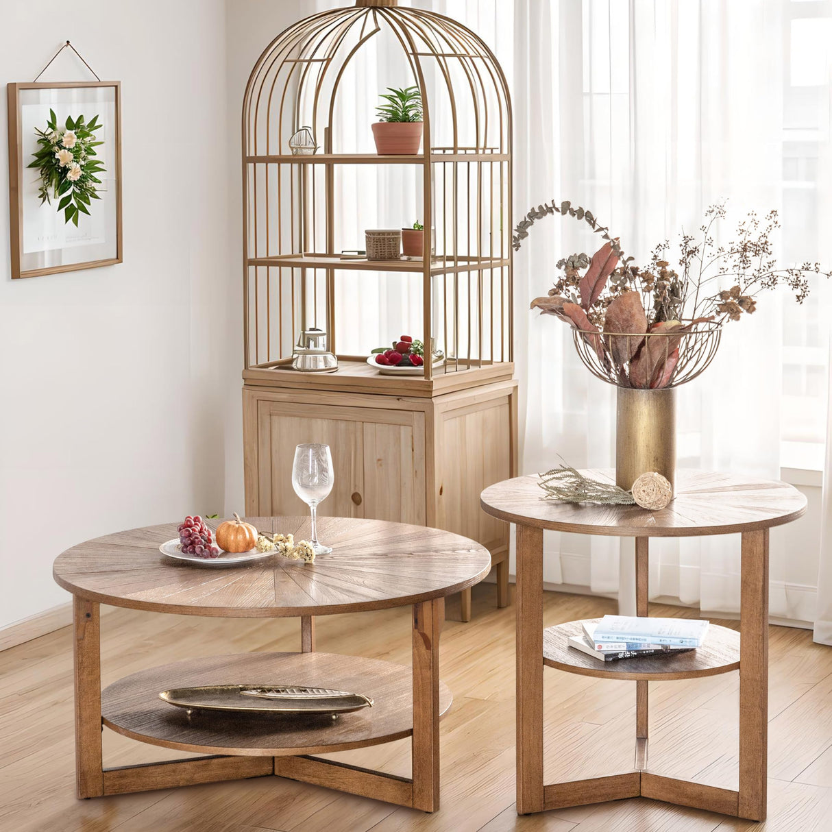 DS-HOMEPORT Wood Round Coffee Table for Living Room, 2 Tier Circle Coffee Table with Storage, Rustic Natural Coffee Table for Apartment, Easy Assembly (Espresso,35" Dx35 Wx18 H) DS-HOMEPORT