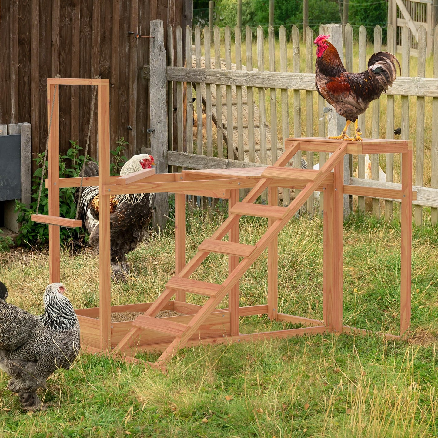 Chicken Activity Play Chicken Perches for Poultry Run with Wood Stand, Ladder, Platforms, Swing Stand, Food Storage Wood Chicken Toy for Coop, Outdoor Birds Pet Entertainment Stress Relief - WoodArtSupply