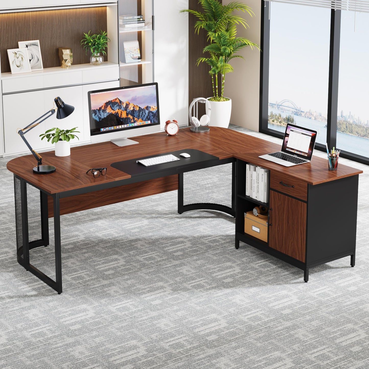 Tribesigns 63" Executive Desk with 31" File Cabinet, L-Shaped Office Desk with Drawer and Storage Shelves, Large Computer Desk Workstation Business Furniture Set for Home Office - WoodArtSupply