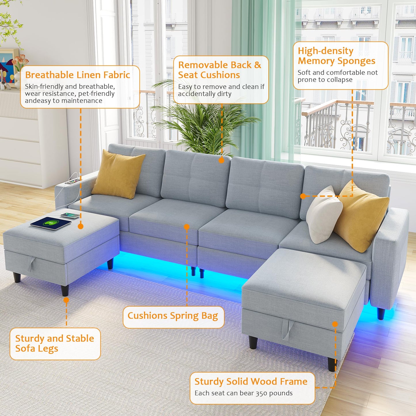 SKKTKT LED Sectional Couches for Living Room, Modular Sectional Sofa Set with Storage Ottomans, Oversized U Shaped Sofa Couch with Auto Sensor RGB Lights and Charging Station (Light Grey) - WoodArtSupply