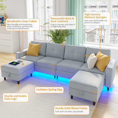 SKKTKT LED Sectional Couches for Living Room, Modular Sectional Sofa Set with Storage Ottomans, Oversized U Shaped Sofa Couch with Auto Sensor RGB Lights and Charging Station (Light Grey) - WoodArtSupply