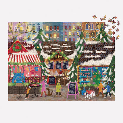 Galison Merry Market – 1000 Piece Foil Joy Laforme Jigsaw Puzzle Featuring Merry and Festive Outdoor Market for The Holidays with Gold Foil Accents