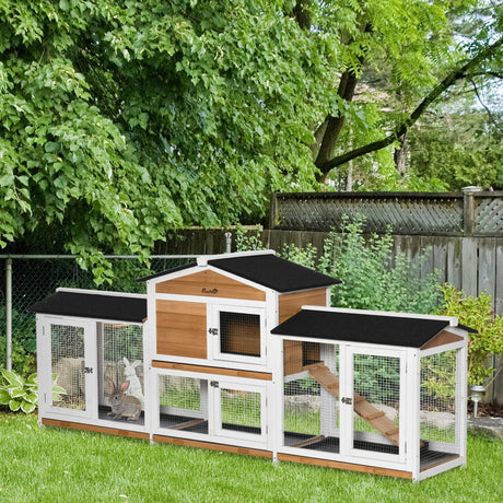 PawHut 90.5" Wooden Rabbit Hutch Bunny Cage Pet Playpen House Enclosure with Double Side Run Boxes, No Leak Tray, Ramp, for Guinea Pig and Small Animals, White PawHut