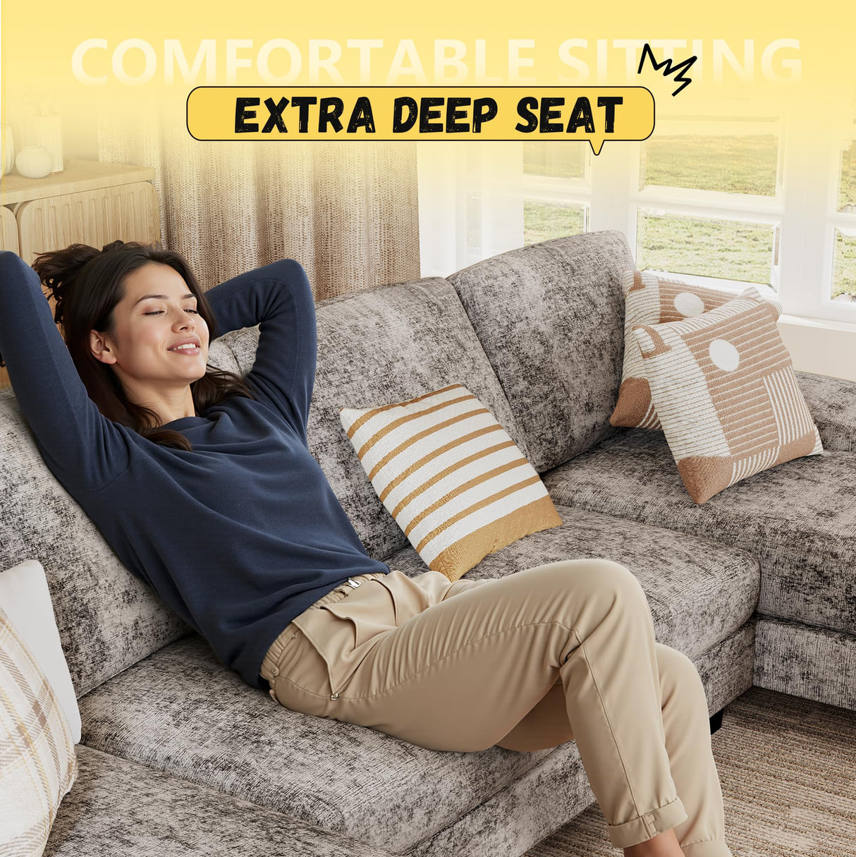 JUMMICO Sectional Couches for Living Room, U Shaped Couch with Chenille Fabric, 4 Seat Modern Sofa with Removable Pillows for Apartment and Small Space (Fabric, Grey) JUMMICO