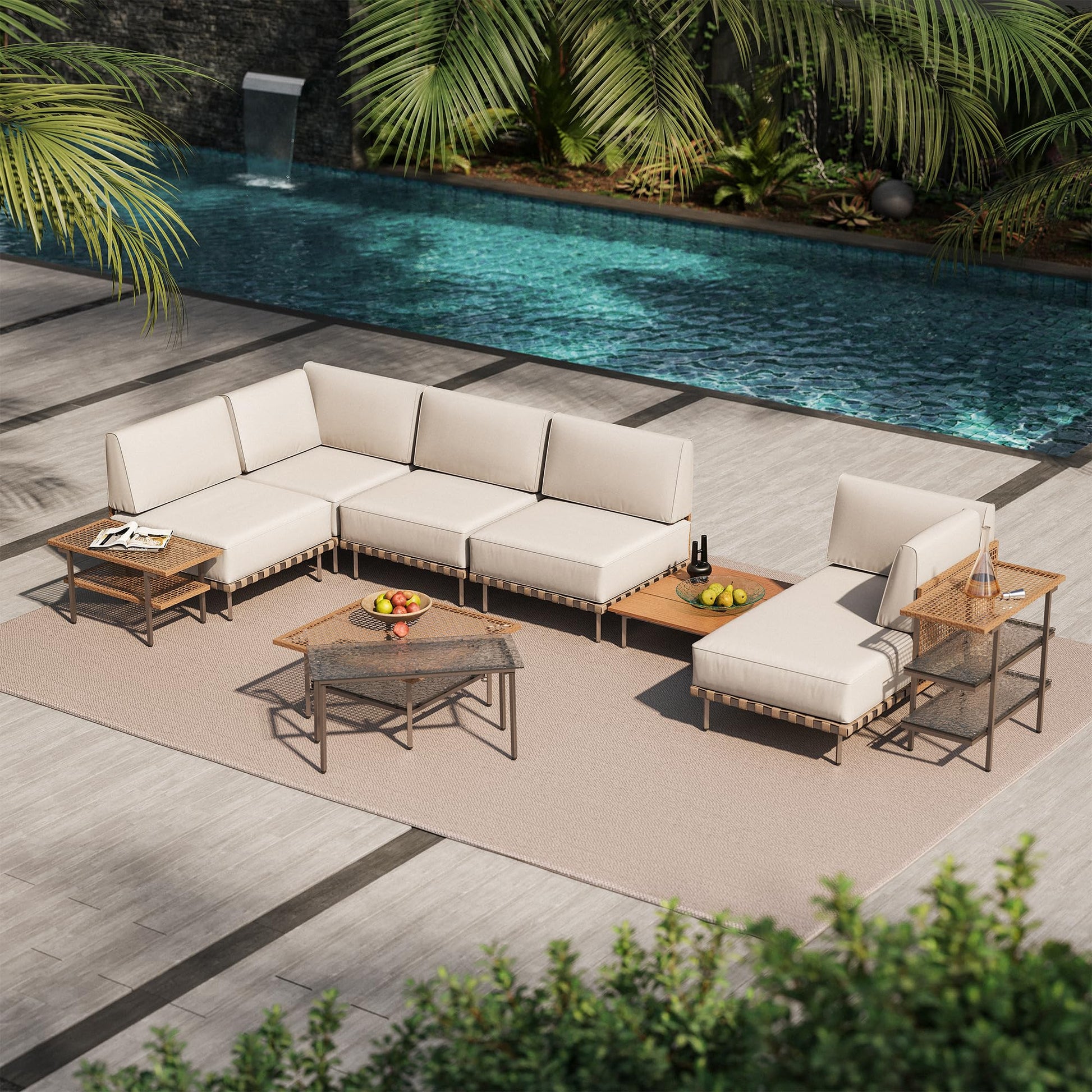 LAUSAINT HOME Outdoor Patio Furniture Set, 10-Piece Wicker Outdoor Conversation Set PE Rattan Sectional Sofa with Washable Cushions and Tempered Glass Table for Garden (Beige) - WoodArtSupply