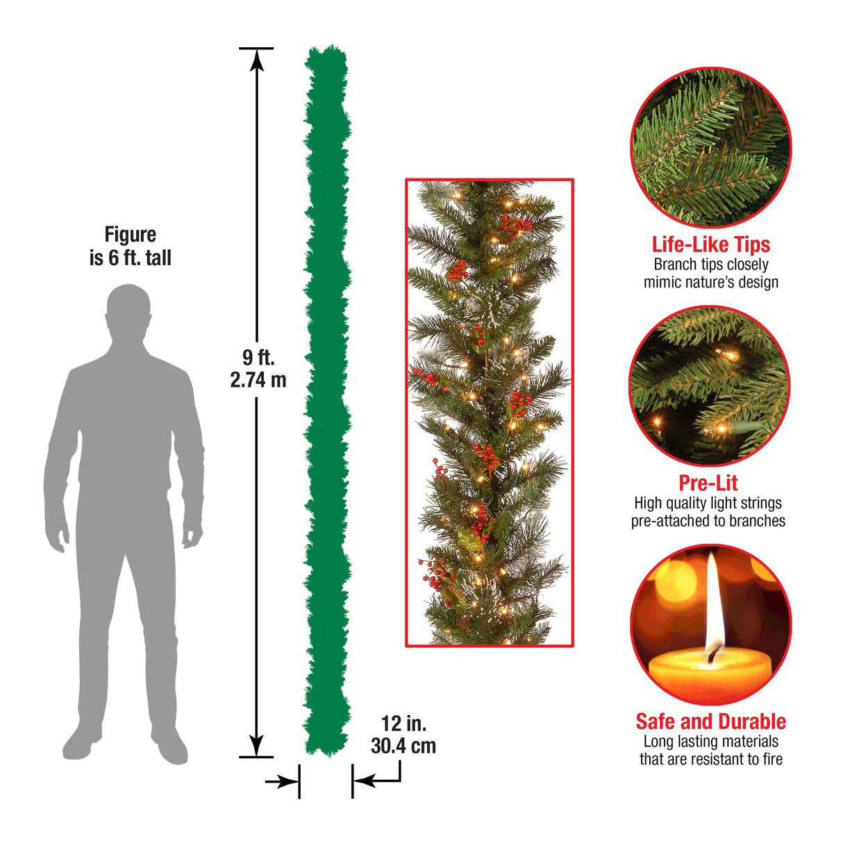 National Tree Company Pre-Lit Artificial Christmas Garland, Green, Wintry Pine, White Lights, Decorated with Pine Cones, Berry Clusters, Plug In, Christmas Collection, 9 Feet National Tree Company
