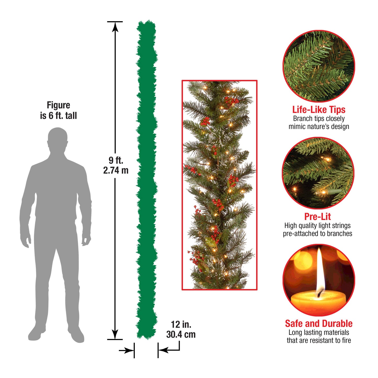 National Tree Company Pre-Lit Artificial Christmas Garland, Green, Wintry Pine, White Lights, Decorated with Pine Cones, Berry Clusters, Plug In, Christmas Collection, 9 Feet