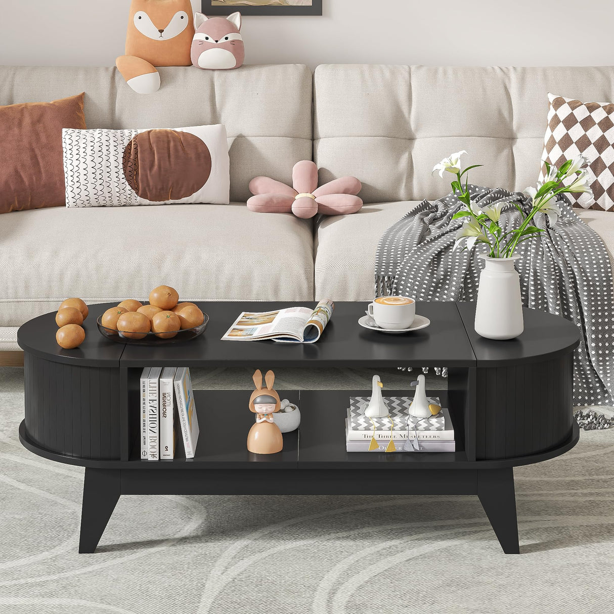 Coffee Table with 2 Hidden Storage,Mid Century Modern Coffee Table with Fluted Finish,Wood Center Tables Oval Coffee Tables with Flip-Top Lids for Living Room Home Office (Black) Mxtxmy