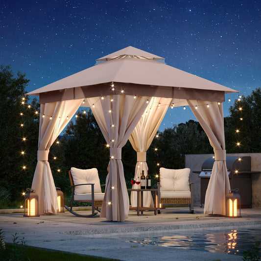 LAUSAINT HOME Outdoor Patio Gazebo 8'x8' with Expansion Bolts, Heavy Duty Gazebos Shelter Party Tent with Double Roofs, Mosquito Nettings and Privacy Screens for Backyard, Garden, Lawn, Khaki