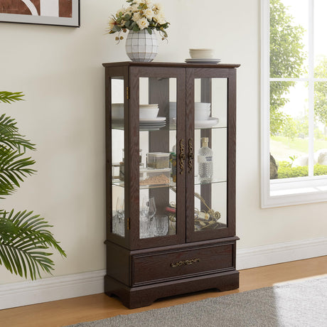 lunhung 3-Tier Lighted Glass Display Curio Cabinet with 2 Tempered Glass Doors & 1 Drawer,Curio Case with Mirrored Back Panel & Adjustable Shelves,Wine Display Cabinet for Living Room,Kitchen(Cherry) lunhung