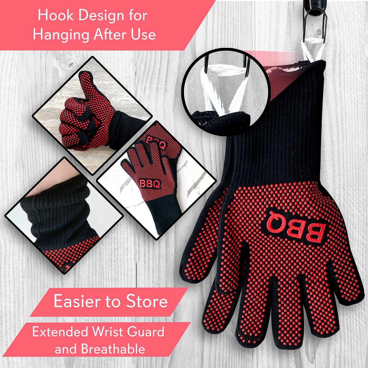 NutriChef BBQ Gloves - 1472°F Heat Resistant, Fireproof Mitts with Non-Slip Silicone Grip, Perfect for Barbecue, Grilling, Cooking, Baking & Camping, 14-inch, Food Grade, Washable Kitchen Oven Mitts NutriChef