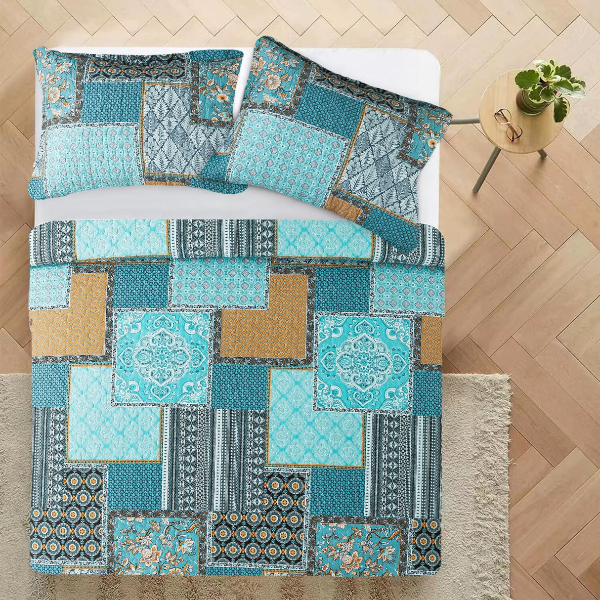 VAPUTAR Oversized King Size Quilt Bedding Set - Cotton California King Size Bedspreads (108 * 118 in) - Lightweight Floral Quilts for Farmhouse Bedroom (Teal/Green Chic, 3 Pieces) VAPUTAR