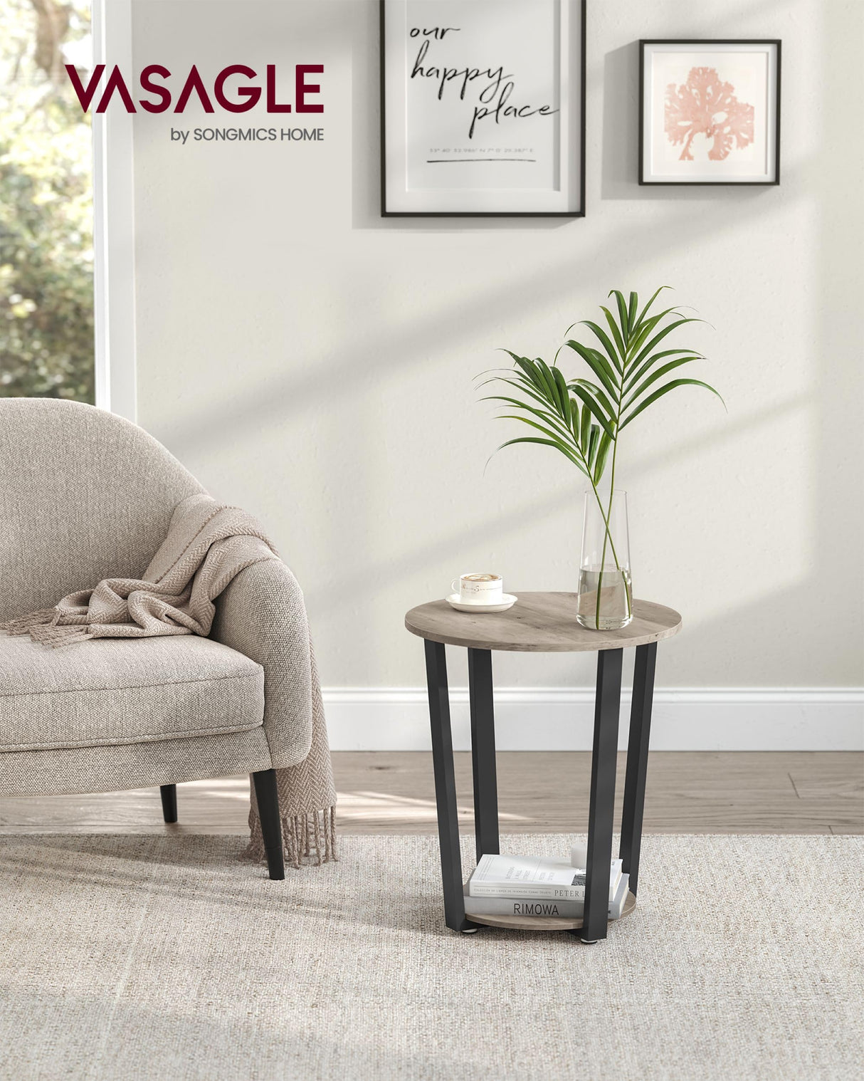 VASAGLE End Table, Round Side Table with Storage Shelf, Easy Assembly, Industrial Accent Furniture with Steel Frame, Heather Greige and Black ULET057B02 VASAGLE