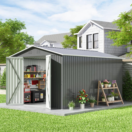 HOGYME 10x12 FT Outdoor Storage Shed, Large Metal Tool Sheds with Updated Frame Structure and Lockable Doors, Garden Shed for Backyard Garden Patio Lawn Grey HOGYME