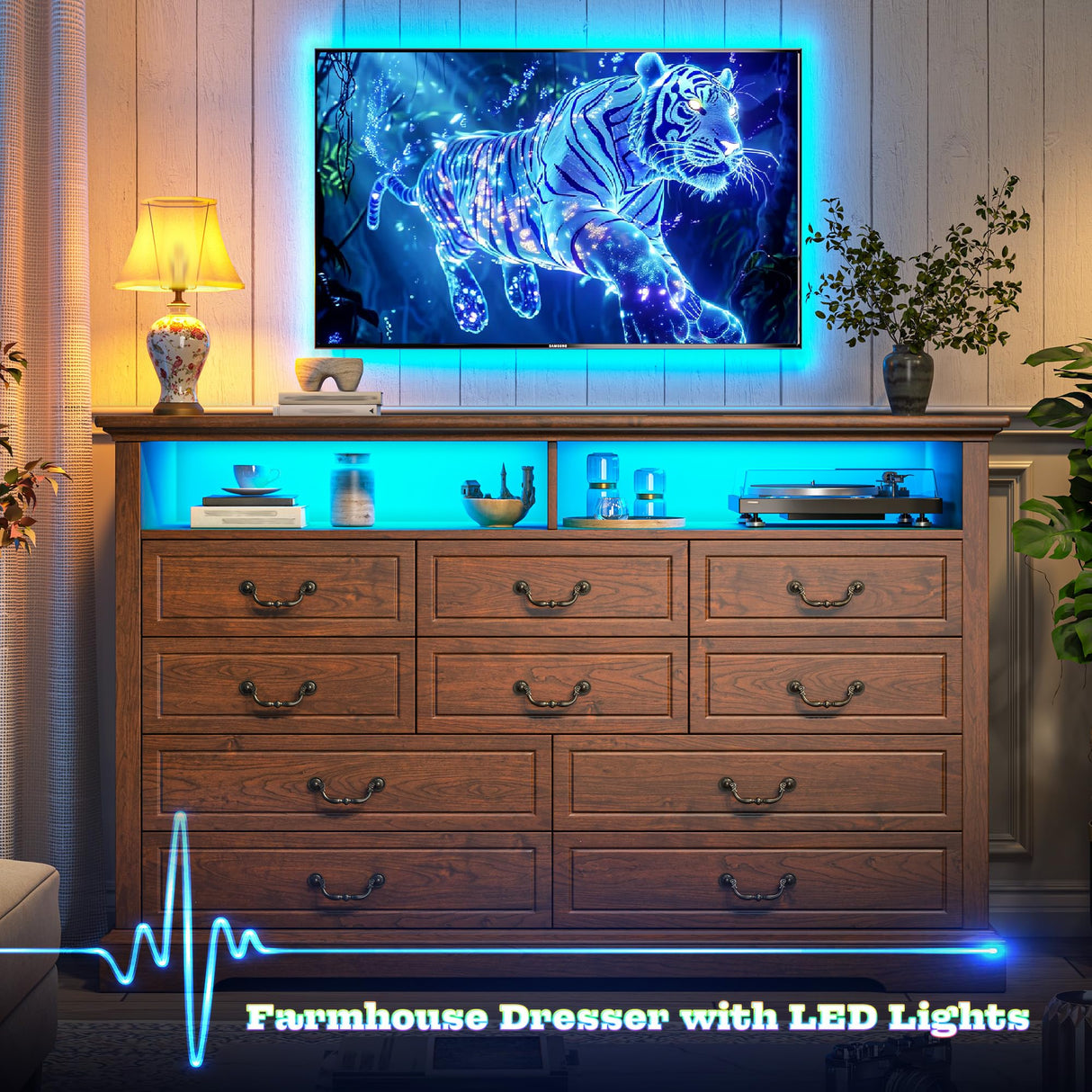 Romorgniz 10 Drawer Brown Dresser for Bedroom, Large Farmhouse Dresser with LED Lights & Charging Station for Bedroom Romorgniz