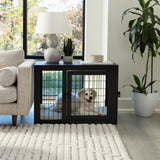 Furniture-Style Dog Crate - Acacia Wood Kennel for Medium Dogs with Double Doors and Cushion - Dog Cage Furniture by PETMAKER (Black) PETMAKER