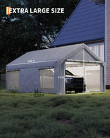 GarveeLife 10x20 Ft Carport, Car Port with 200g PE Tarp, Roll-Up Doors, and 4 Windows, for Sedans, Bass Boats, Motos, ATVs, and SUVs, White GarveeLife
