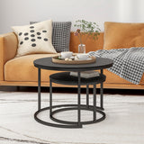 HOJINLINERO Round Coffee Table Set of 2 End Tables for Living Room,Black Coffee Table Nesting Tables,Living Room Table Wooden Accent Furniture Metal Frame,Sturdy Stacking Side Tables,Easy Assembly HOJINLINERO