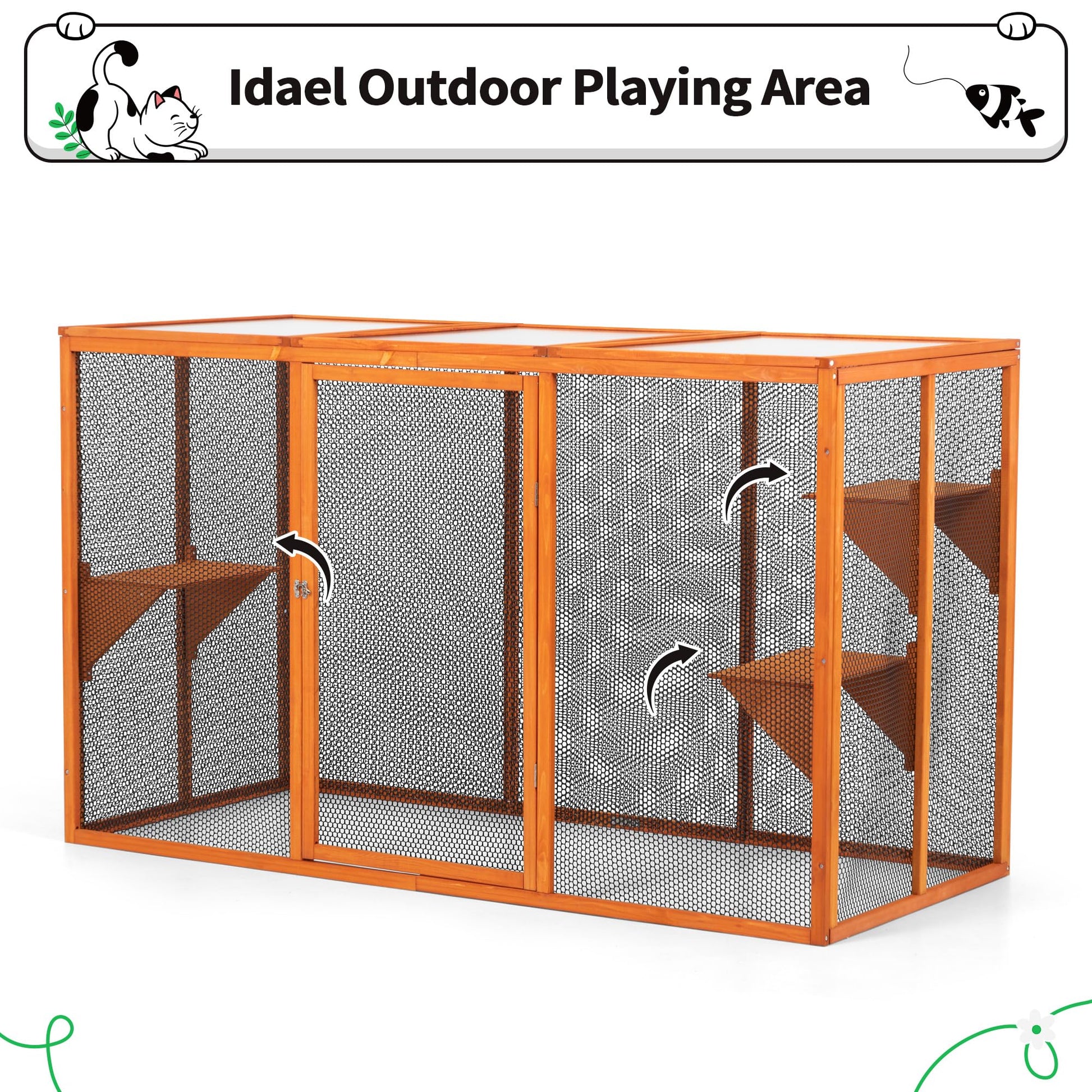 COZIVVOVV Wooden Cat House, Catio Outdoor Cat Enclosure, Large Cat Cage with 3 Platforms, Door and Asphalt Roof, Kitty Condo Indoor Playpen (Orange-New, Large) - WoodArtSupply