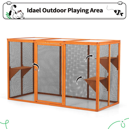 COZIVVOVV Wooden Cat House, Catio Outdoor Cat Enclosure, Large Cat Cage with 3 Platforms, Door and Asphalt Roof, Kitty Condo Indoor Playpen (Orange-New, Large) - WoodArtSupply