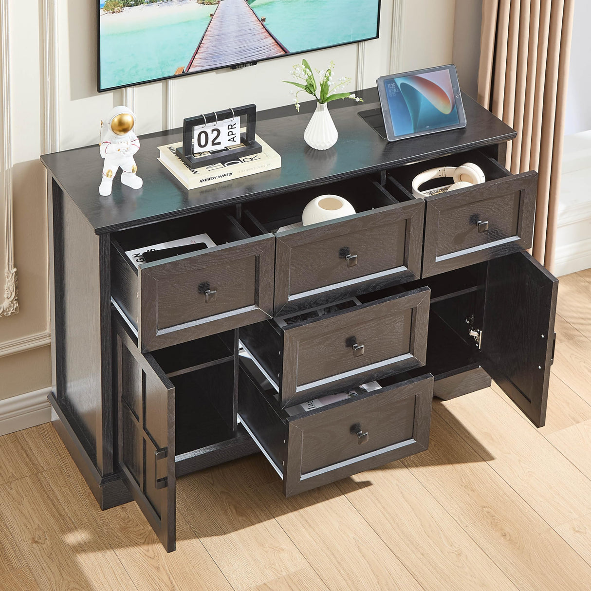 KHLJJU Farmhouse 5+2 Black Dresser for Bedroom, Chest of Drawers for Bedroom with 5 wooden Drawers and 2 Cross Doors, Wood Dressers Storage TV Stand for Bedroom, Living Room KHLJJU