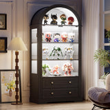 PAKASEPT 73'' Tall Arched Display Cabinet with Glass Doors,4-Tier Curio Cabinet with LED Lights for Collectibles Bookcase,Farmhouse Bookshelf China Storage Kitchen Pantry for Living Room,Black PAKASEPT