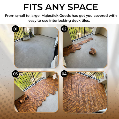 Interlocking Deck Tiles 12" x 9" Herringbone 18 Sq Ft - Non-Slip Acacia Wood Outdoor Tiles for Patio - Decking, Porch and Balcony Flooring Tiles - Easy to Install Wooden Deck Tile Pavers (24 Pack) Majestick Goods