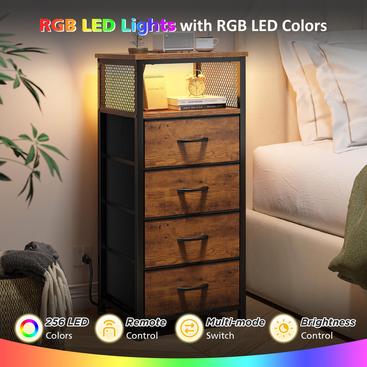 EnHomee Nightstand Set of 2, Night Stand with Charging Station & LED, Bedside Table with Fabric Drawers and Storage Shelf, Sturdy Steel Frame, Wood Top, Cloth Bags, Hooks, Brown EnHomee