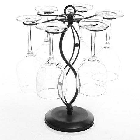 MyGift 6-Hook Rotating Wine Glass Rack with Sturdy Base & Scrollwork Design - Black Metal Countertop Stemware Holder | Rust-Resistant, Space-Saving Storage for Kitchen, Bar, Dining Table (13.75" H) MyGift