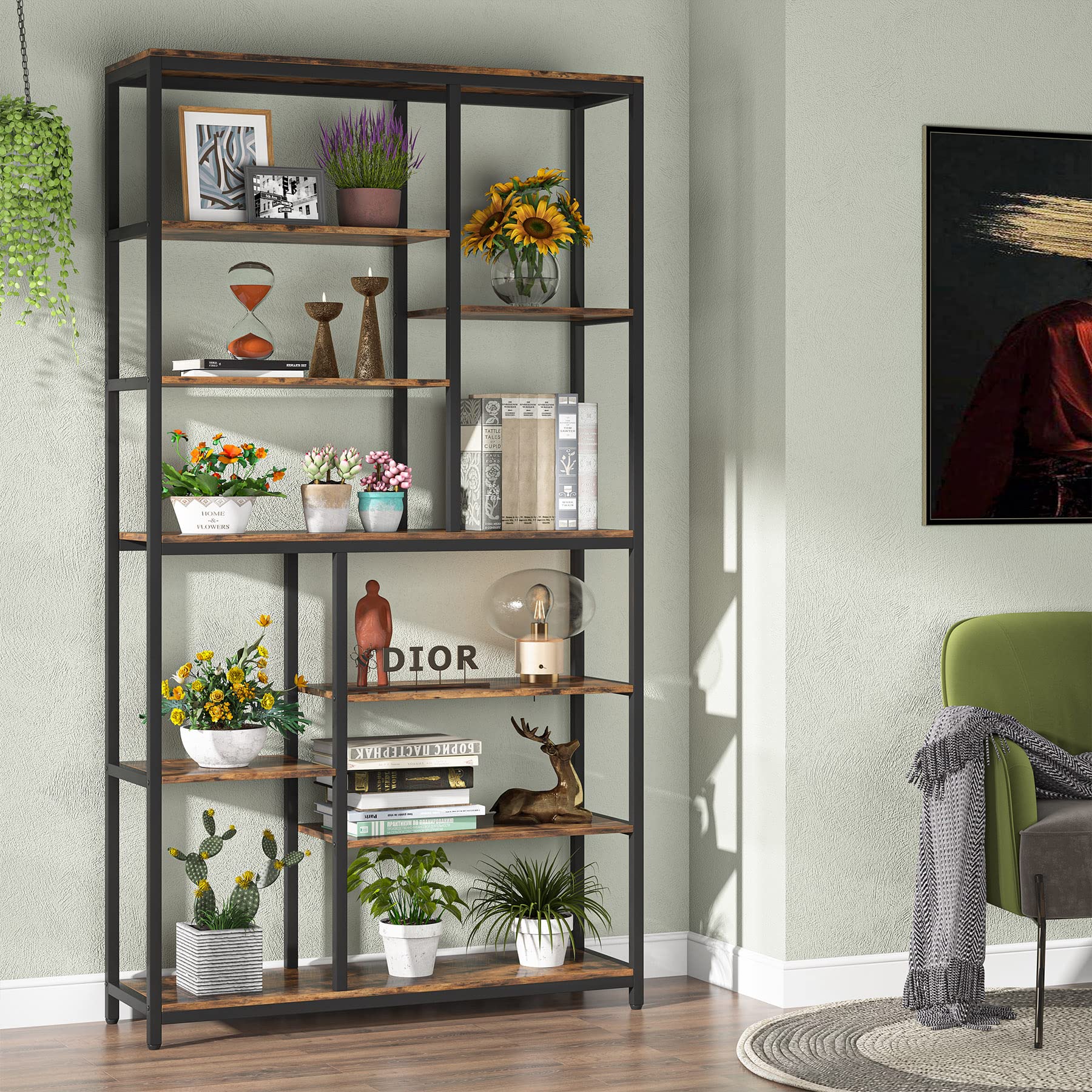 Tribesigns 79-Inch Tall Staggered 8-Tier Bookshelf in Black & Rustic Finish - WoodArtSupply