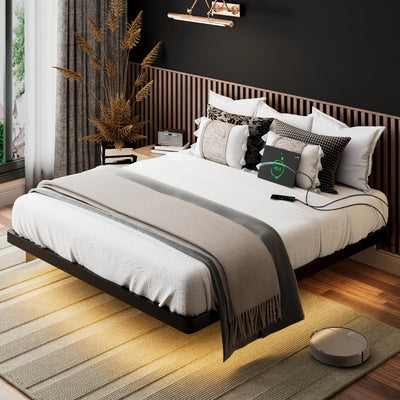 iPormis Modern Floating Bed Frame with LED Lights and Charging Station - Metal Platform Design, No Box Spring Required, Noise-Free Assembly