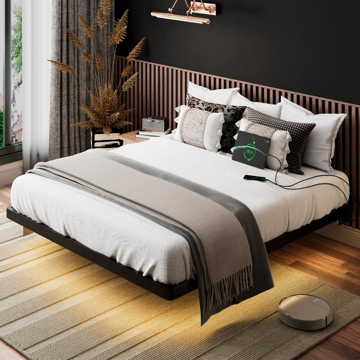 iPormis Queen Size Floating Bed Frame with LED Lighting and Charging Station, Noise-Free Metal Platform Design iPormis