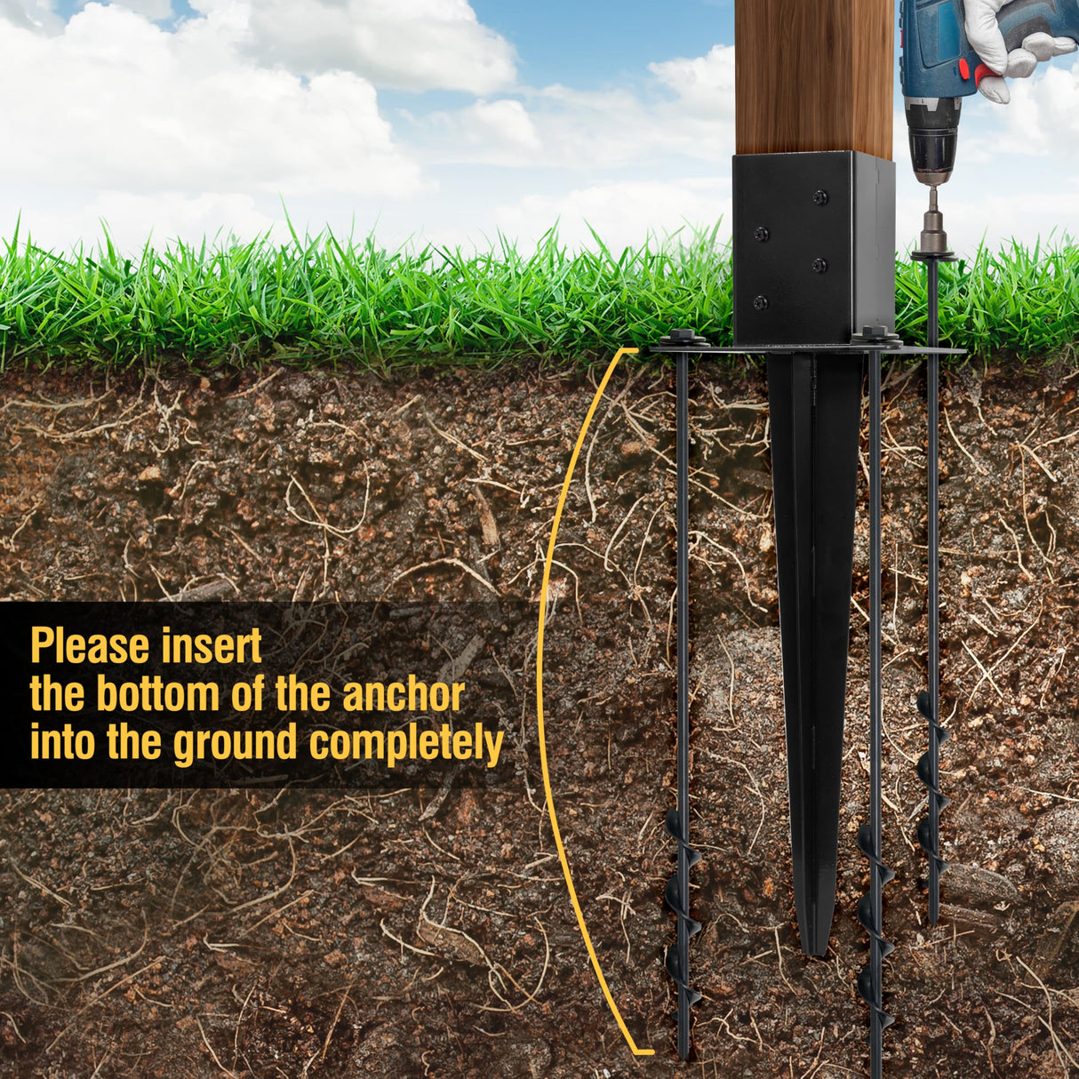 LADECH 4x4 Fence Post Anchor Ground Spike 24” Length with Ground Anchors Screw in - Metal Black Powder Coated – Mailbox Post Anchors – Fit 3.5x3.5 Standard (Black - 1 Pc) LADECH