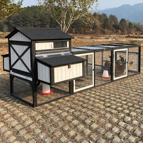 PetsCosset 116" L Large Chicken Coop and Run, Hen House with 4 Nesting Box Boxes, Rabbit Hutch Poultry Bunny Cage for 4-6 Chickens with 4 Perches, Removable Tray and Ramp and UV-Resistant Roof Panel PetsCosset