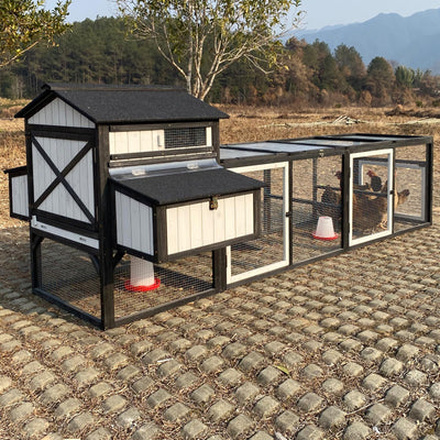 PetsCosset 116" L Large Chicken Coop and Run, Hen House with 4 Nesting Box Boxes, Rabbit Hutch Poultry Bunny Cage for 4-6 Chickens with 4 Perches, Removable Tray and Ramp and UV-Resistant Roof Panel