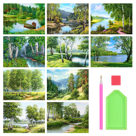 Stalente Diamond Painting Kits for Adults, 10 Pack 5D Diamond Art Kits for Beginners Round Full Drill Diamond Painting for Home Wall Decoration Gift 12×16inch, Natural Landscape Forest Stalente