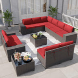 Kurapika 12 Pieces Patio Furniture Set, Rattan Wicker Outdoor Conversation Sets, Outdoor Furniture Sectional Sofa Set w/4 Inch Cushion and Glass Coffee Table(Red) Kurapika