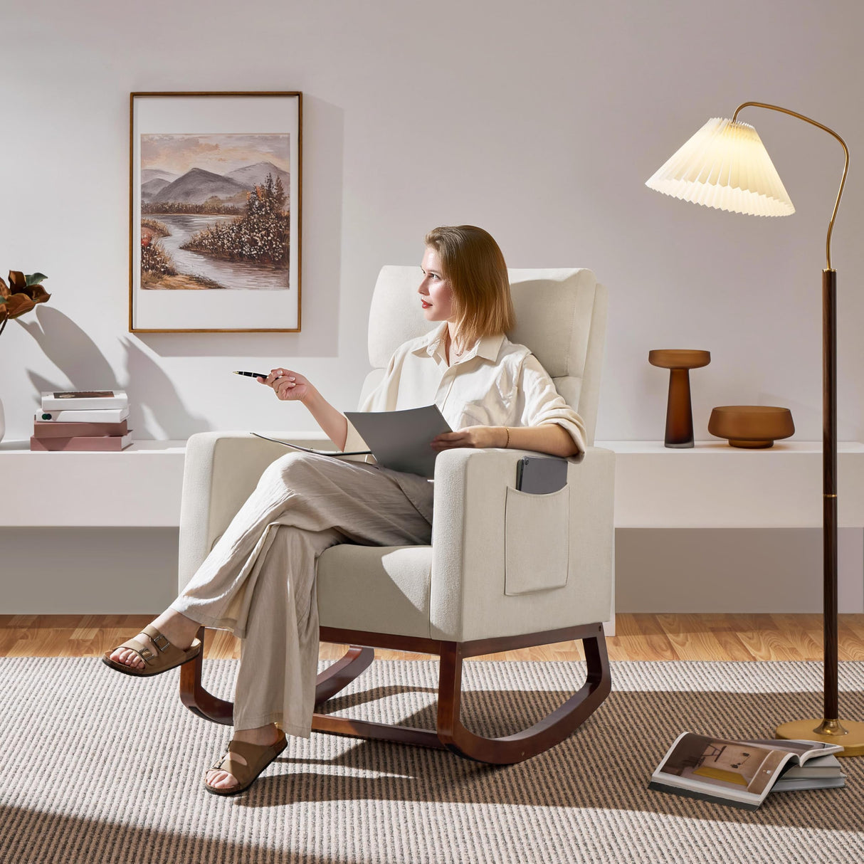 Yaheetech Rocking Chair, Modern Glider Chair, Recliner Armchair with Wood Legs and Side Pocket, Nursery Rocking Accent Chair with High Back for Living Room Bedroom, Beige Yaheetech