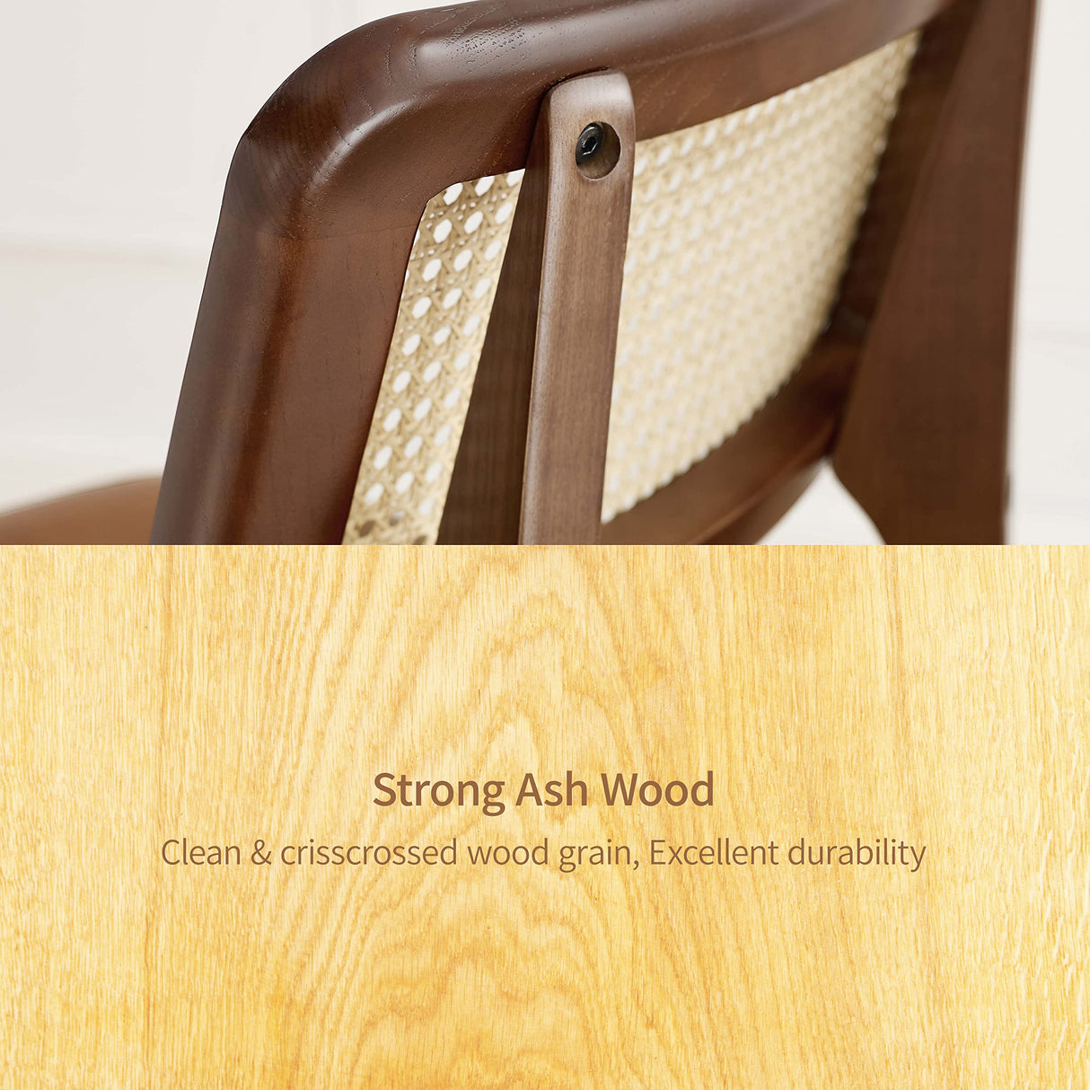 Art Leon Ash Wood Rattan Dining Chairs Set of 2, Genuine Leather Kitchen Chairs, Mid Century Modern Dining Room Chairs with Rattan Back, Armless Side Chairs with Walnut Wood Frame, Brown Art Leon