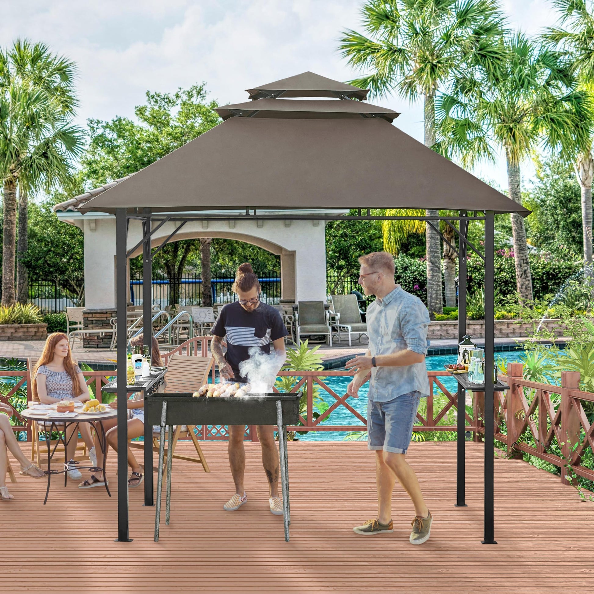 Yaheetech 8×5' Grill Gazebo, 3-Tier Outdoor BBQ Gazebo with Height-Adjustable Shelves & 10 S-Shaped Hooks & Built-in Bottle Opener, Brown - WoodArtSupply