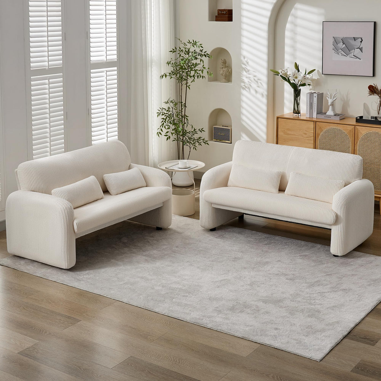 WUTUTUEE 56'' Corduroy Loveseat Sofa, 2 Seater Love Seat Couch for Small Space, Comfy Upholstered Modern Leisure Loveseat Couches with Lumbar Pillows for Bedroom, Office, Living Room, White WUTUTUEE